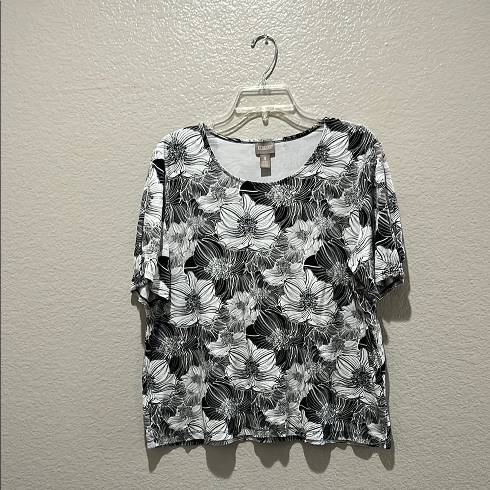 Chicos Top Shirt 3 Women XL Black White Floral Short Sleeve Round Neck Casual